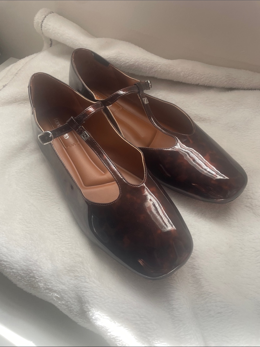 Franco Sarto T-Strap Patent Mary Janes in Tortoiseshell Brown